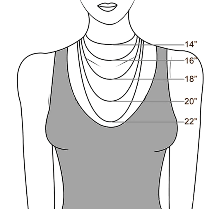 Diagram showing a woman with necklaces of different lengths, from 14 inches to 22 inches, to demonstrate fit.