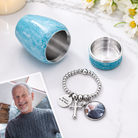 Open personalised mini cremation urn with matching memorial bracelet, custom photo charm and engraving for human or pet ashes.