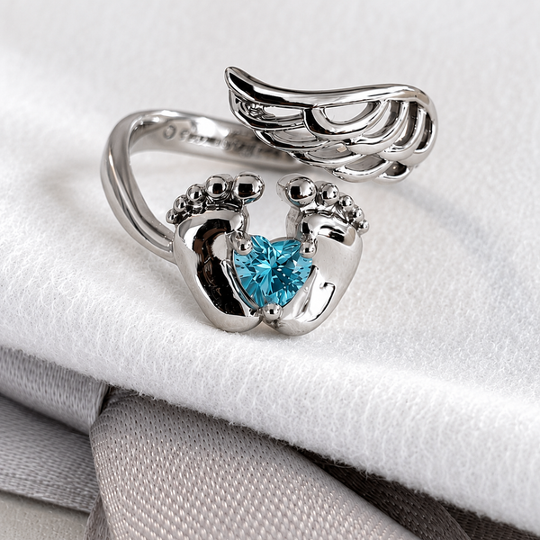 Customizable Baby Feet Angel Wings Birthstone Ring in Sterling Silver or Brass – Personalized Memorial Jewelry for New Moms