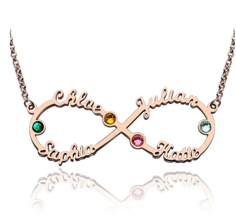 text: Rose gold infinity necklace with engraved names Chloe, Julian, Sophia, Katie, and multicolored gemstones