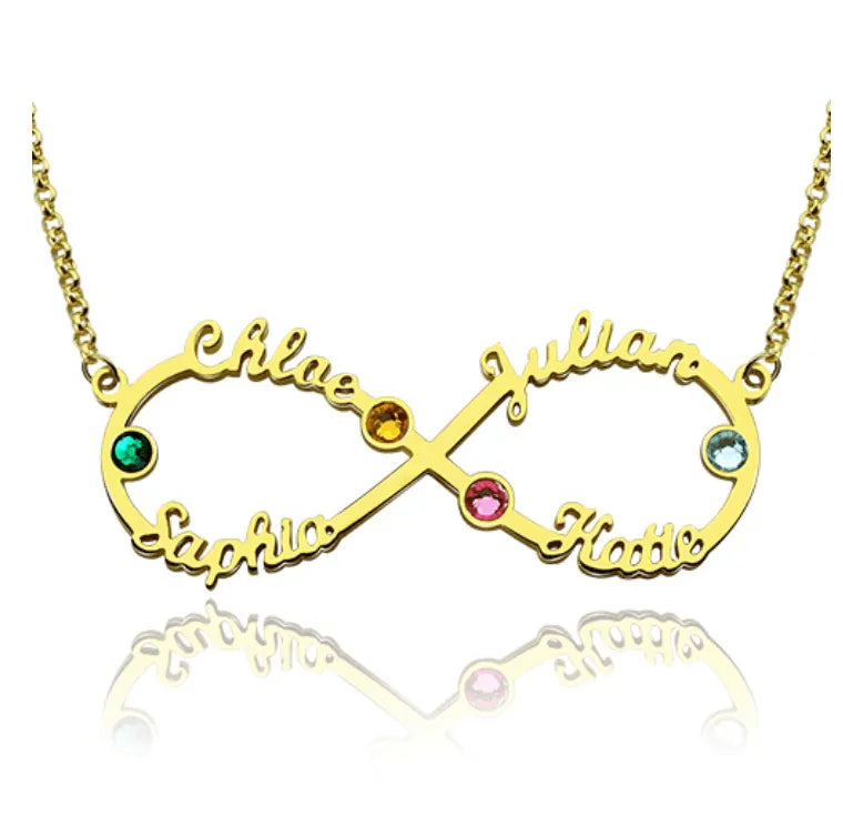 Personalized Infinity Necklace with Custom Names and Birthstones - 925 Sterling Silver, Gold, Rose Gold, Platinum Finish - Belbren