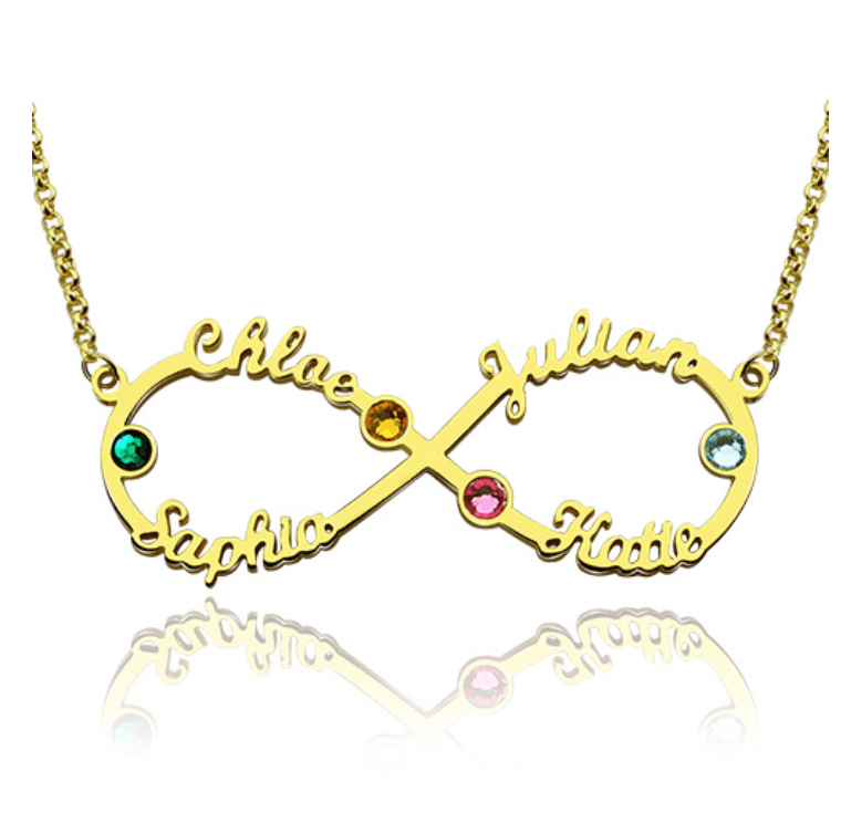 Gold infinity necklace with names Chloe, Julian, Sophia, Katie, and colorful gemstones