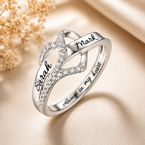 Custom Engraved Two-Name Infinity Heart Ring in Sterling Silver with Sparkling Cubic Zirconia
