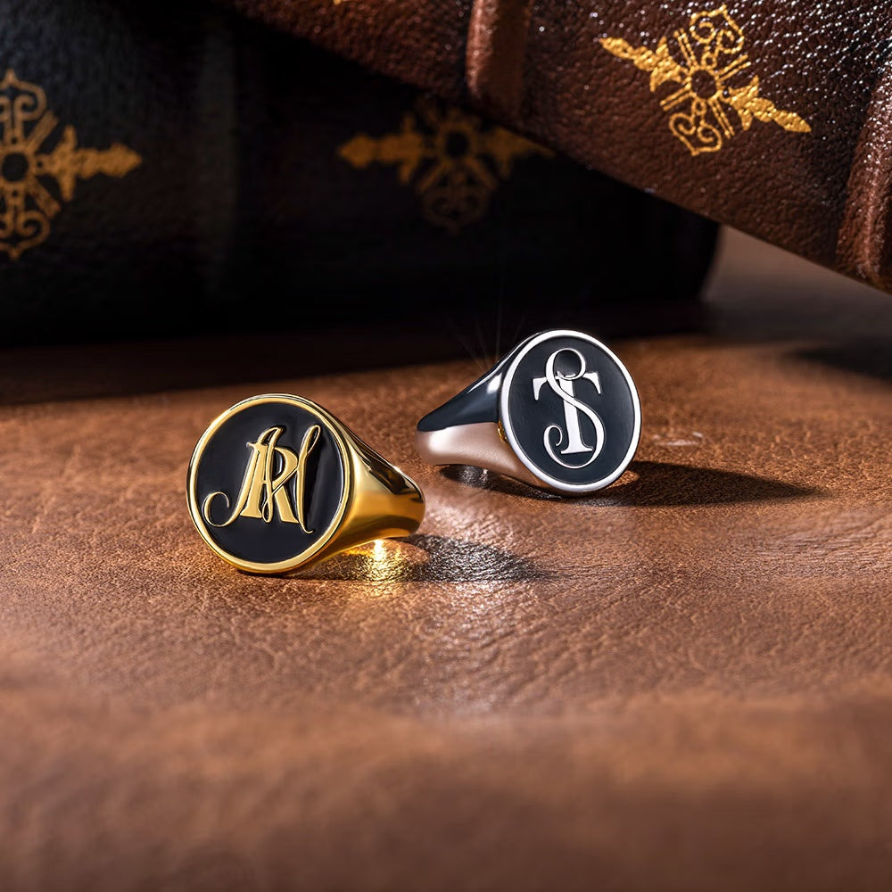 Gold and silver personalized initial signet rings with black enamel