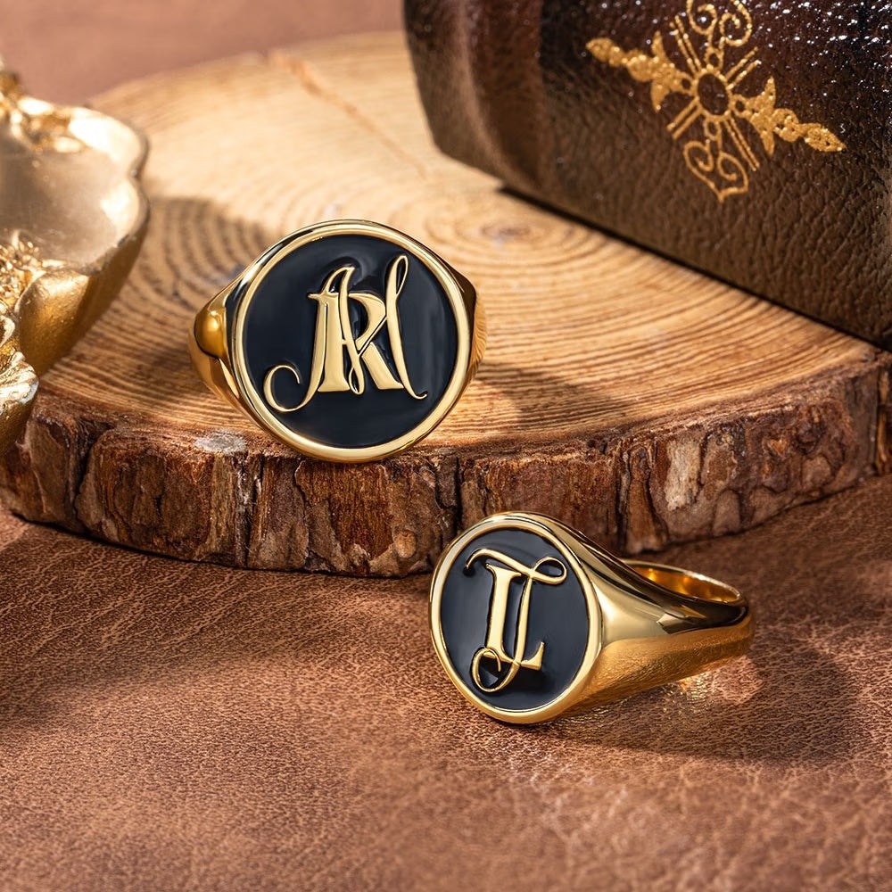 Custom gold initial signet rings with personalized engraving