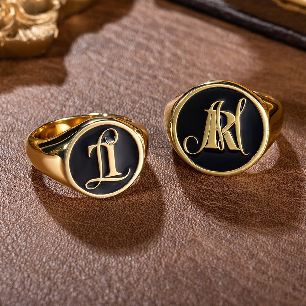 Personalized initials stacked signet ring in gold with black enamel and custom monogram engraving