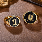 Personalized initials stacked signet ring in gold with black enamel and custom monogram engraving