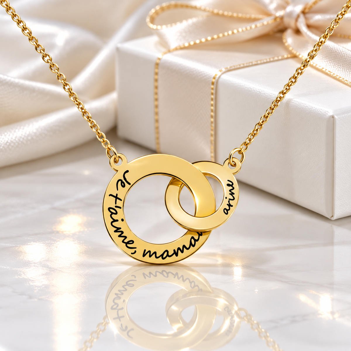 Gold personalized interlocking circle necklace with custom engraving