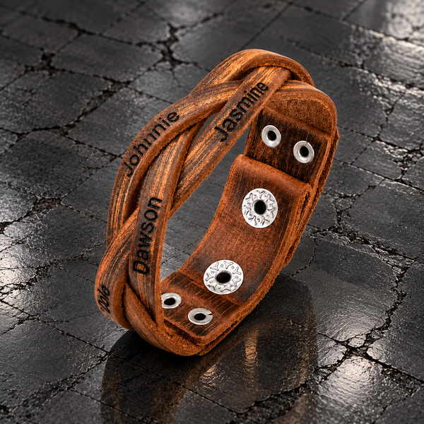 Personalized leather bracelet with custom names and adjustable snap closure