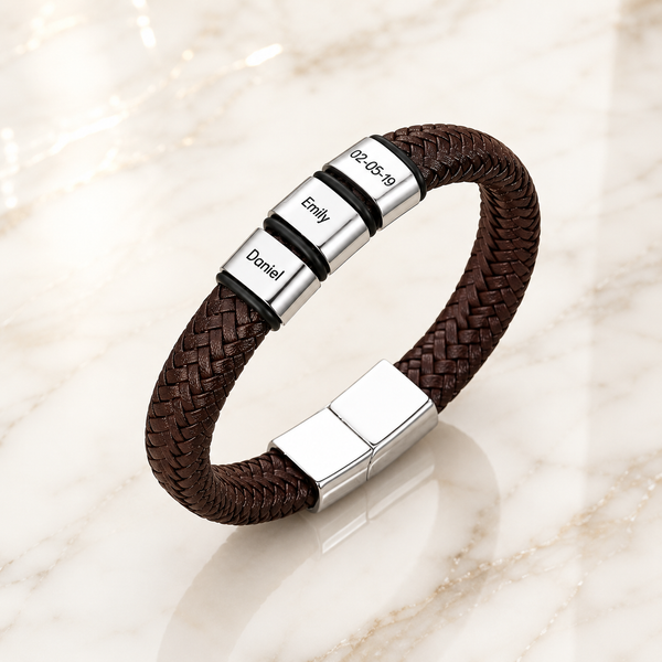 Custom Engraved Leather Bracelet for Men with Stainless Steel Beads – Personalized Gift for Him