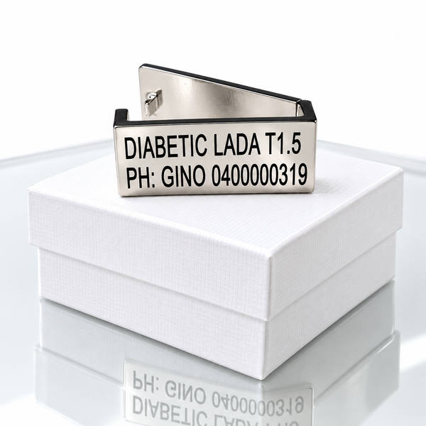 Personalized medical ID tag for Apple Watch band with custom engraved name and contact details