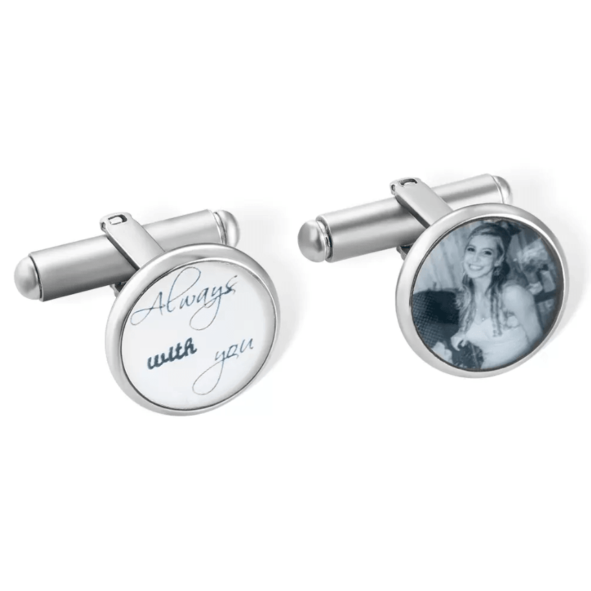 Silver cufflinks featuring a customizable circular face; one engraved with 'Always with you' and the other displaying a photo of a smiling woman.