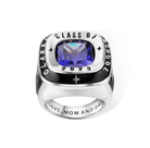 A silver year class ring with a blue gemstone, engraved with "Clark, Class of 2023" and "Love, Mom and Dad" on the inside band.