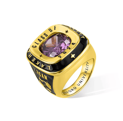 A gold year class ring with a purple gemstone, engraved with "Lakers, Class of 2024" and "Stanford University" on the inside band.