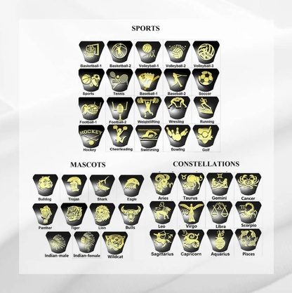 A chart displaying ring design options with sports, mascots, and constellations, including icons for basketball, eagle, Aries, and more.