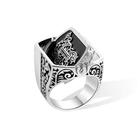 Sleek silver flip ring with black inlay and elaborate double initials design, showcased on a pure white background.