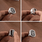 Collage showing a silver double initial flip ring being rotated by fingers, highlighting the detailed engravings.