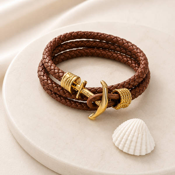Personalized Men's Anchor Leather Bracelet with Engraved Name
