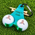 Teal personalized golf ball holder with custom photo golf balls and clip