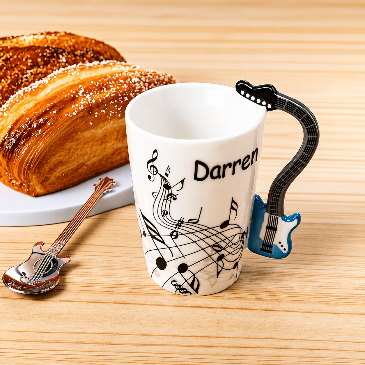 Personalised guitar handle ceramic coffee mug with custom name and blue guitar-shaped handle