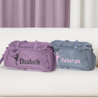 Purple and grey personalized dance bags displayed side by side