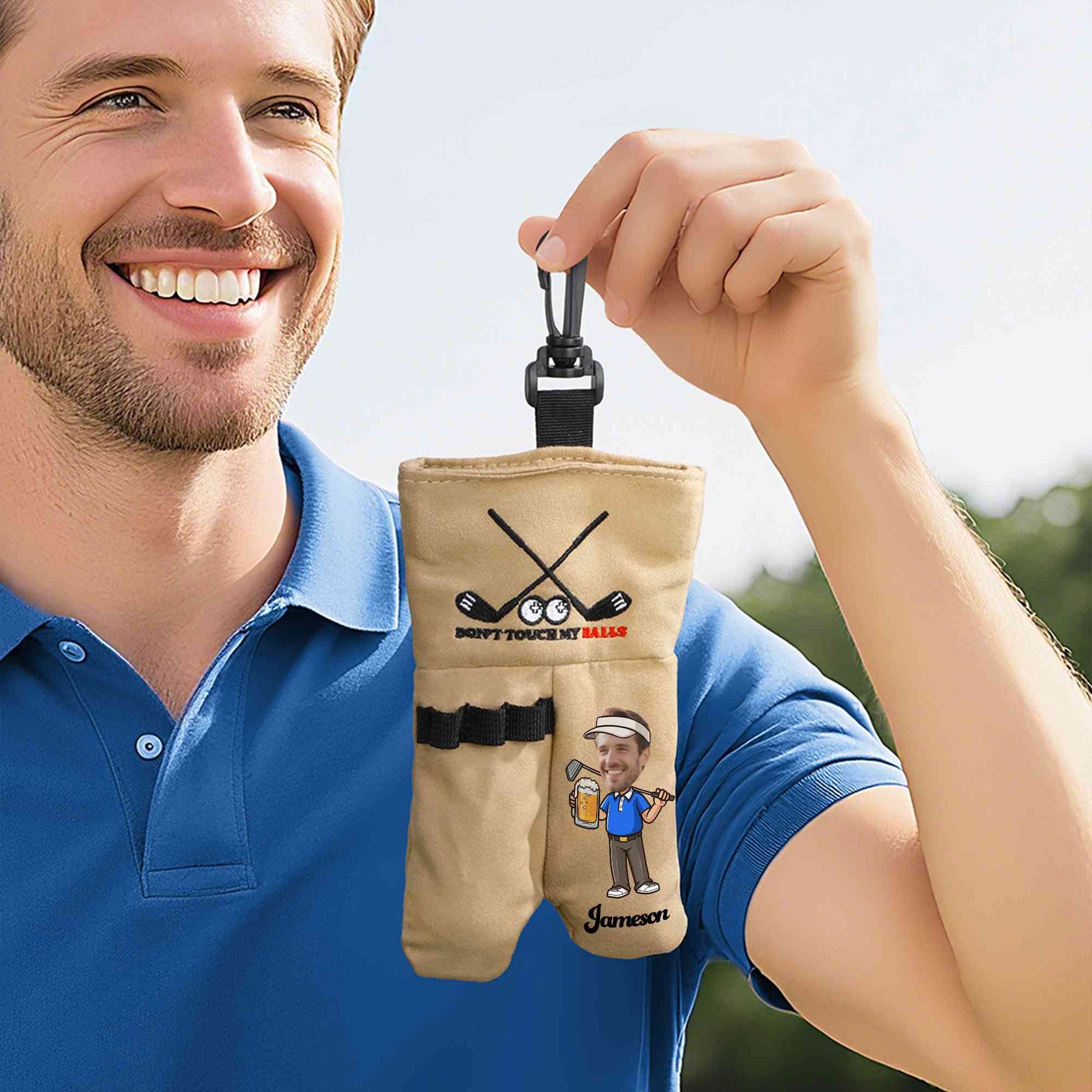 Golfer holding personalized light brown golf ball bag with custom face photo
