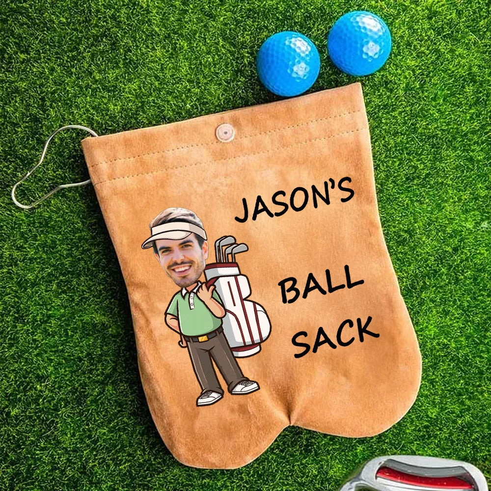 Personalized name and face photo golf ball sack on grass with golf balls