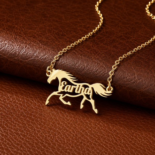Personalized horse name necklace in gold with custom running horse pendant