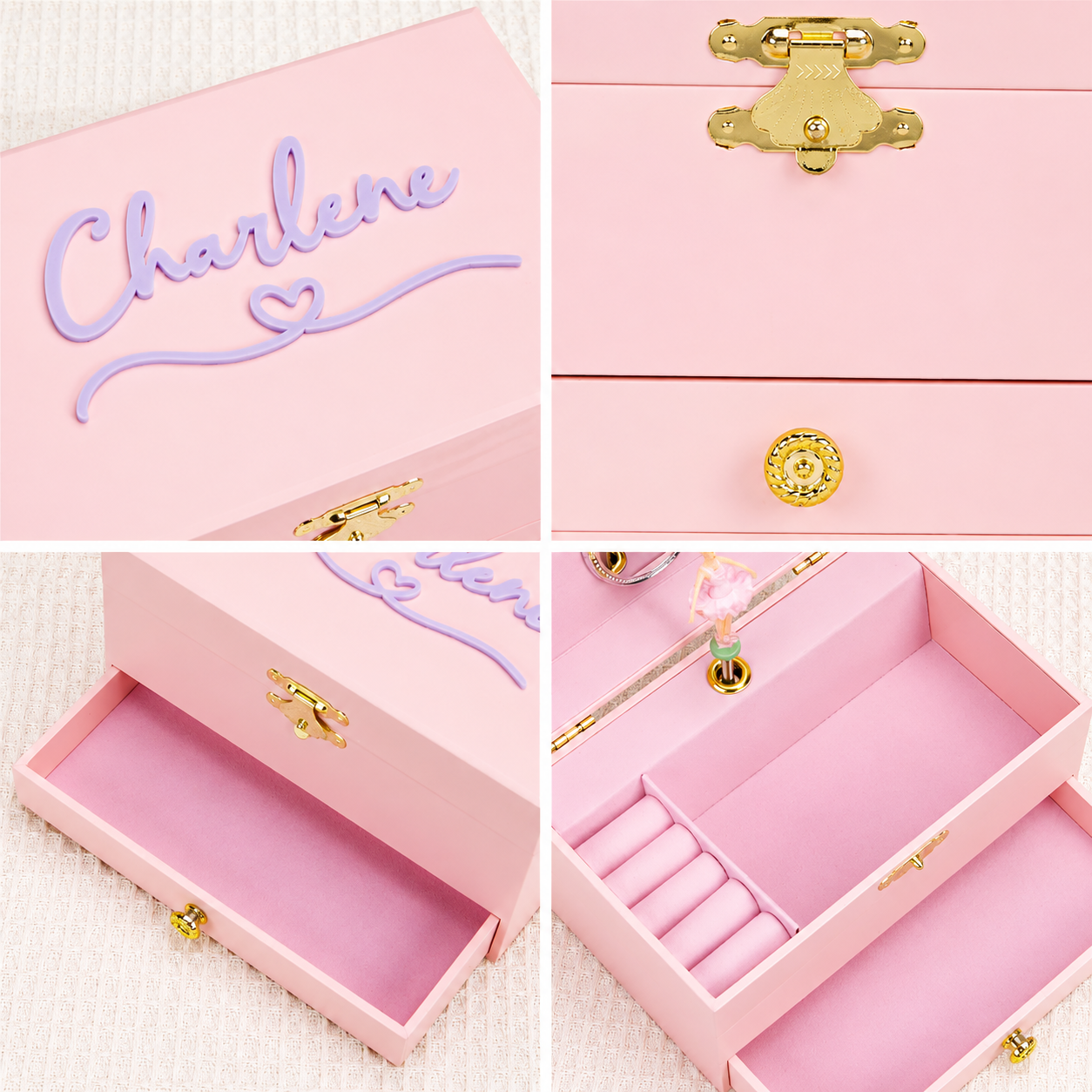 Pink personalized name jewelry box showing gold latch, drawer and interior compartments