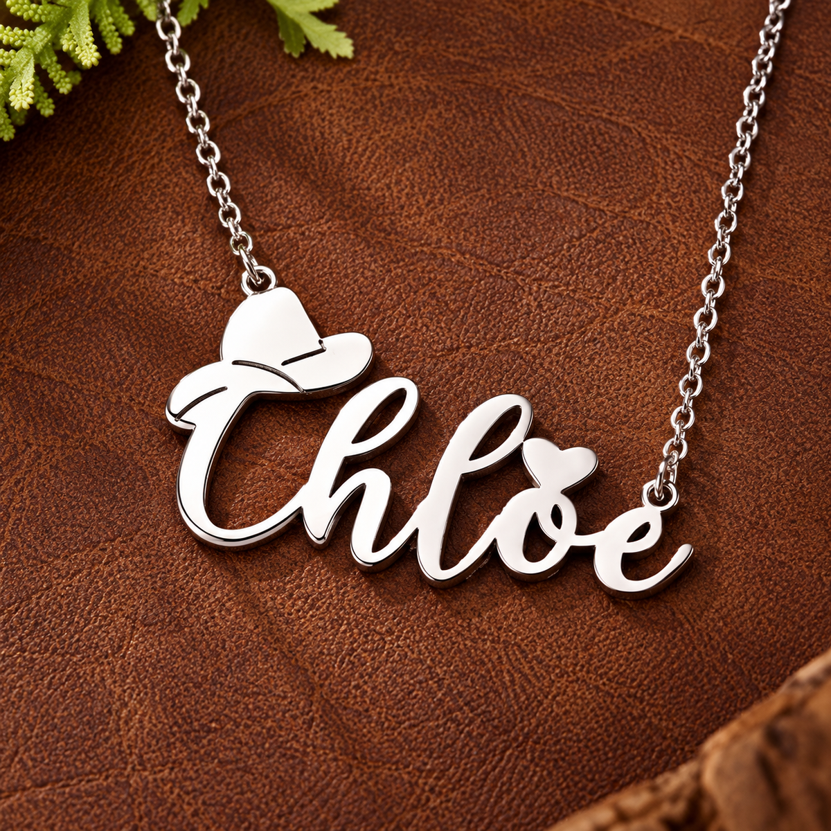 Personalized name necklace with cowboy hat and heart in silver Western cowgirl design