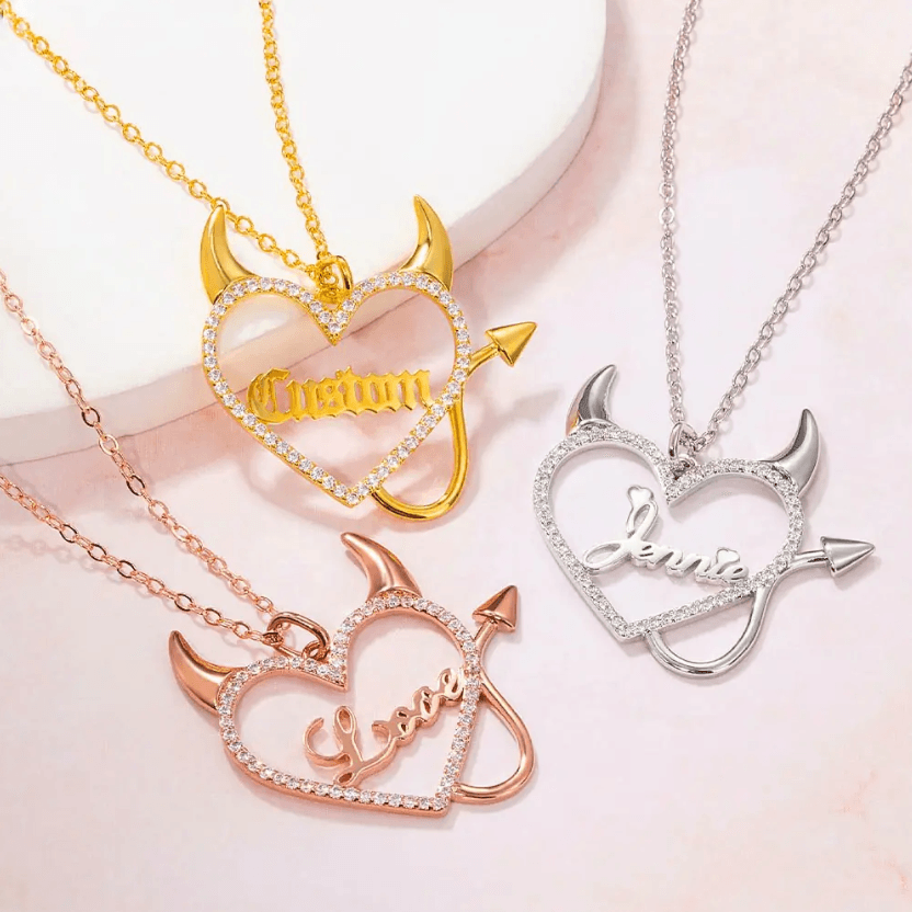 Personalized Name Necklace with Devil Heart Pendant – Custom Jewelry in Gold, Rose Gold, or Silver - Belbren