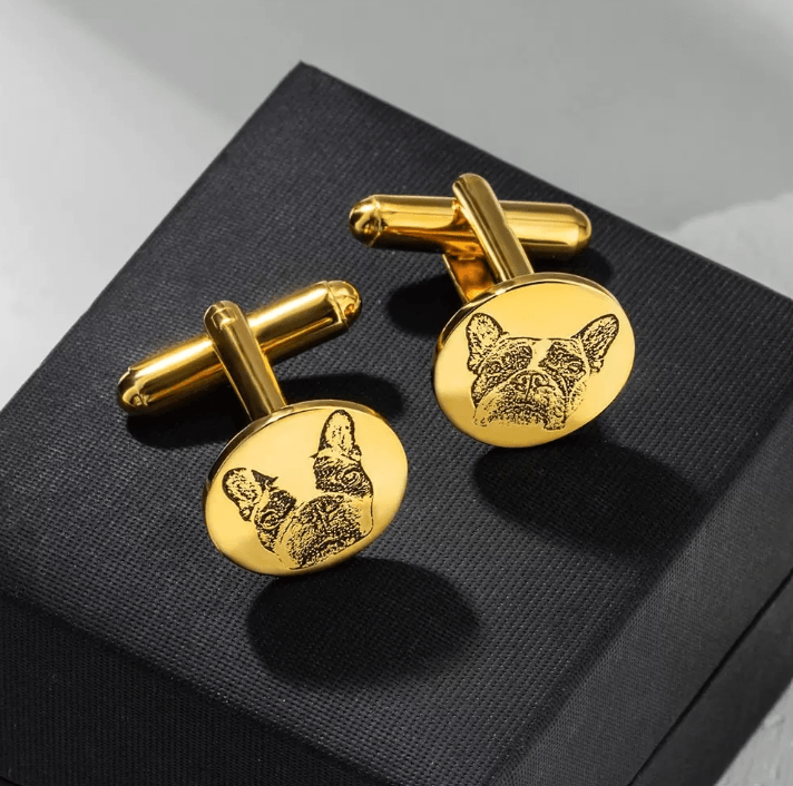 Gold-plated custom cufflinks with engraved French Bulldog portrait on a black presentation box.