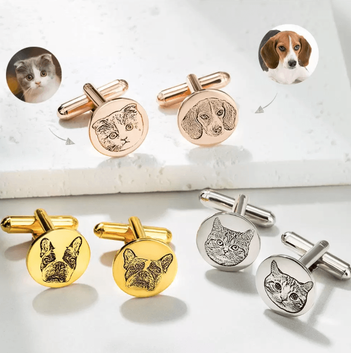 Assorted personalized pet photo cufflinks in gold, silver, and rose gold finishes featuring engraved cat and dog portraits on a white background.