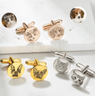 Assorted personalized pet photo cufflinks in gold, silver, and rose gold finishes featuring engraved cat and dog portraits on a white background.