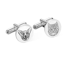 Silver cufflinks featuring engraved portraits of a dog and a cat on a white background.