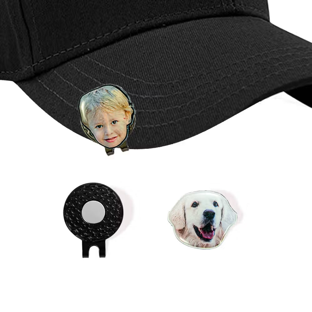 Custom child and dog photo golf ball markers with magnetic hat clip and black golf cap