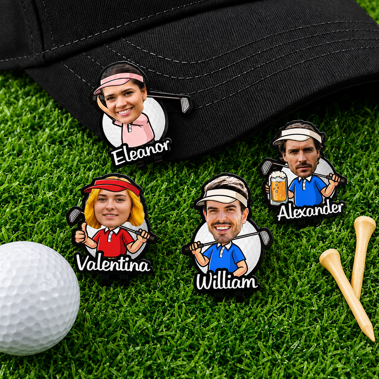 Personalized photo cartoon golf ball markers with names, magnetic hat clip, golf ball and tees