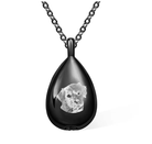 Black teardrop pendant necklace with a laser-engraved image of a dog on a robust chain