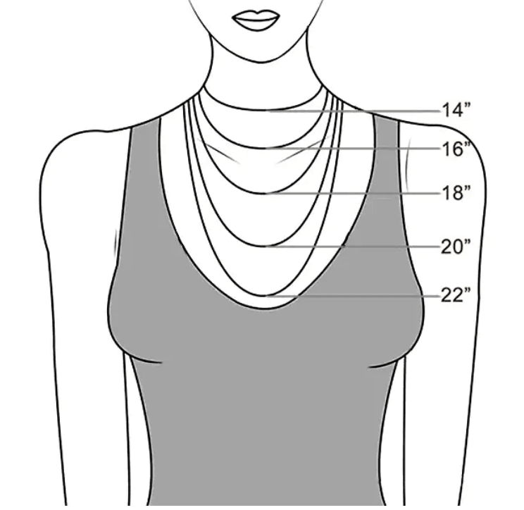 Diagram showing different necklace lengths on a woman's torso, ranging from 14 inches to 22 inches.