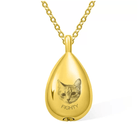 Gold teardrop-shaped cremation urn necklace with an engraved cat face and the name 'FIGHTY' on a golden chain.