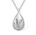 Stainless Stee teardrop urn necklace with an engraved image of a dog's face and the name 'GRADY' on a silver chain.