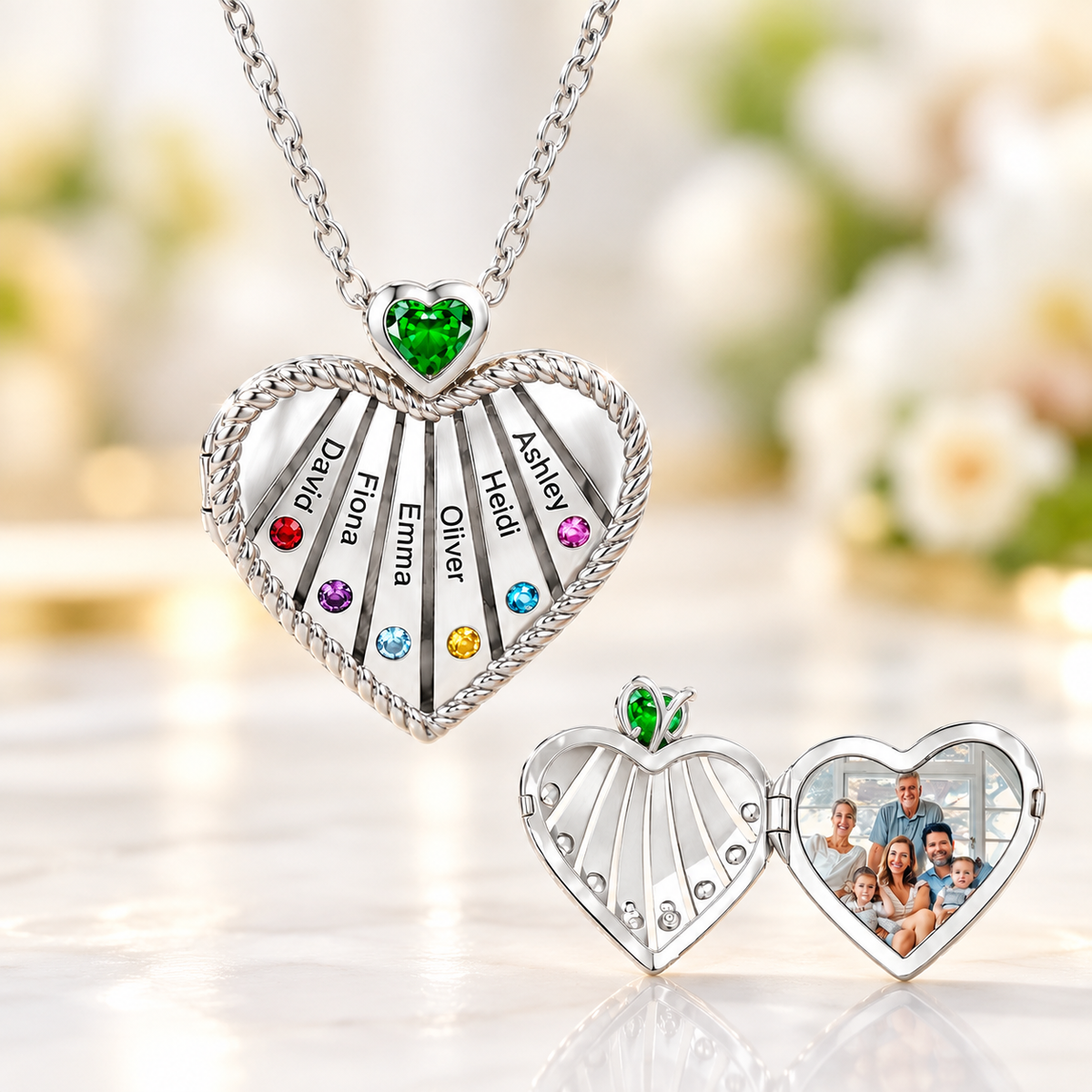 Silver personalized family birthstone heart photo locket necklace