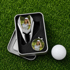 Personalized golf divot repair tool and photo ball marker set in case beside golf ball