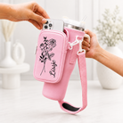 Personalized pink tumbler carrier bag with phone pocket, custom name and birth flower