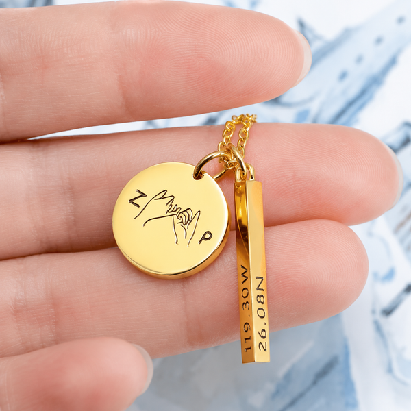 Personalized Pinky Promise Necklace with Hand Gesture & Coordinates
