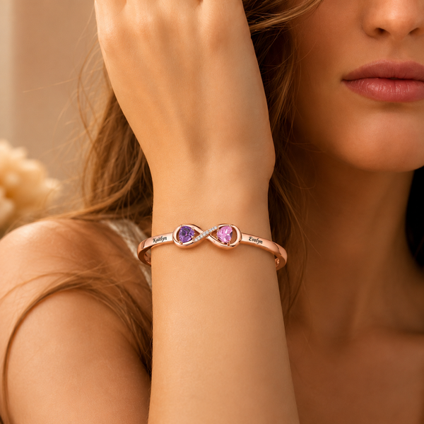 Personalized Infinity Bangle with Two Names and Birthstones, Gift for Mom