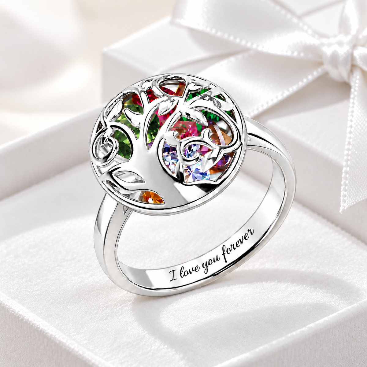 Silver round family tree ring with colorful heart-shaped birthstones