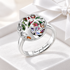 Silver round family tree ring with colorful heart-shaped birthstones