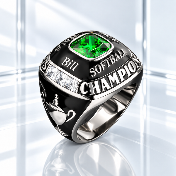 Personalized silver softball champion ring with green center stone, black enamel, clear side stones, and custom name engraving.