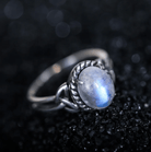 Personalized Sterling Silver Celtic Knot Ring - Oval Rainbow Moonstone Engagement Promise Ring for Women - Unique Aurora Wedding Band - Belbren